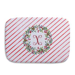 Holiday Floral Wreath Red Script Initial Bath Mat