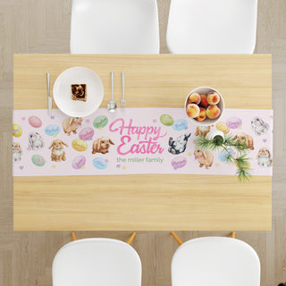 Easter Table runner personalized with family name with colorful eggs and bunnies