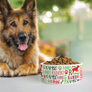 Festive Red & Green Dog Name Pattern Pet Bowl - Large