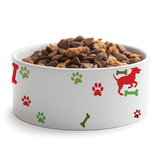 Festive Red & Green Dog Name Pattern Pet Bowl - Large