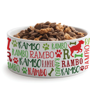 Festive Red & Green Dog Name Pattern Pet Bowl - Large