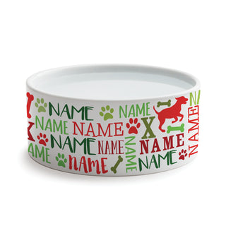 Festive Red & Green Dog Name Pattern Pet Bowl - Small