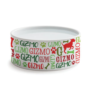 Festive Red & Green Dog Name Pattern Pet Bowl - Small