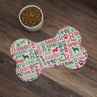 Festive Red & Green Dog Name Pattern Bone Shape Pet Mat