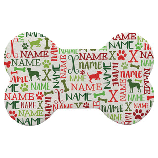 Festive Red & Green Dog Name Pattern Bone Shape Pet Mat