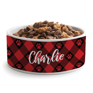 Red & Black Paw Check Pattern Pet Bowl - Large