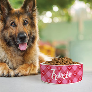 Pink Paw Check Pattern Pet Bowl - Large