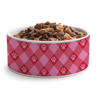 Pink Paw Check Pattern Pet Bowl - Large