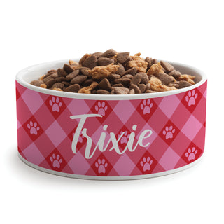 Pink Paw Check Pattern Pet Bowl - Large