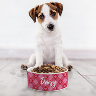 Pink Paw Check Pattern Pet Bowl - Small