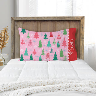 Pillowcase featuring a pink pine forest design, personalized with a name on the side for a charming and cozy touch.