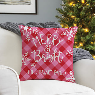 17" throw pillow featuring a "Merry & Bright" message with a pink and red check pattern, personalized with a name.