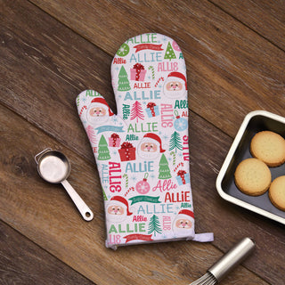 Oven mitt featuring a jolly Santa design with a personalized name pattern, for a fun and festive touch.