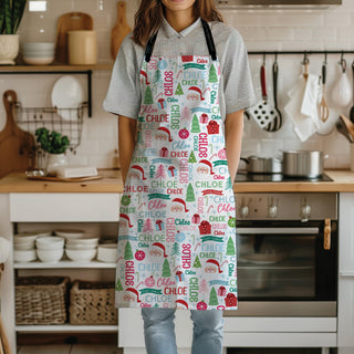 Adult apron featuring a jolly Santa design, personalized with a name for a fun, Christmas themed item.