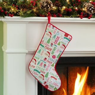 Christmas stocking with a jolly Santa design and name pattern, accented with red trim, personalized for a festive touch.