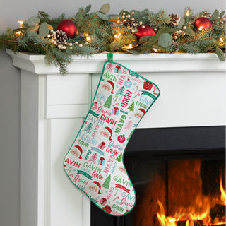 Christmas stocking with a jolly Santa design and name pattern, accented with green trim, personalized for a festive touch.