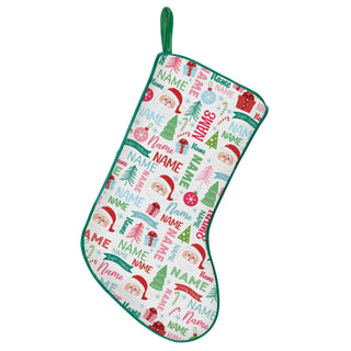 Jolly Santa Name Pattern Green Trim Stocking