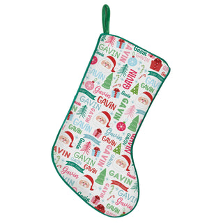 Jolly Santa Name Pattern Green Trim Stocking