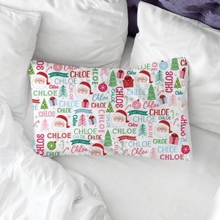 Pillow case with a jolly Santa design and name pattern personalized with a name for a festive touch.