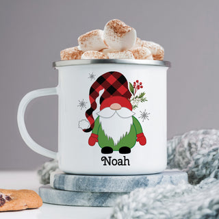 Camp mug featuring a green gnome with a red and black check pattern hat personalized with a name at the bottom.