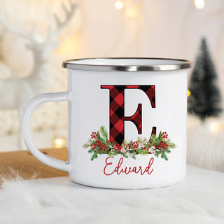 Red and black check color mug with berry pine accents, personalized with name and initial in elegant script