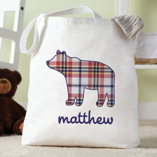 Personalized Plaid Bear Tote Bag