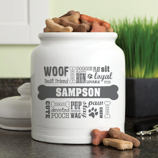 Dog Words Gray Personalized Treat Jar