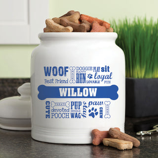 Dog Words Blue Personalized Treat Jar